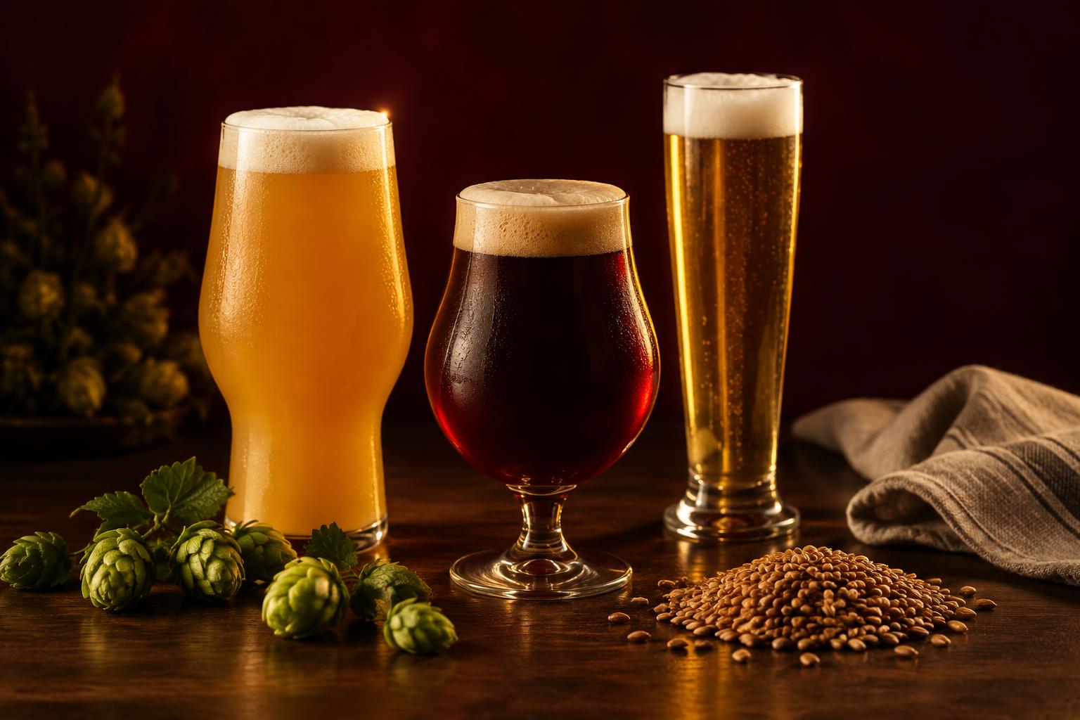 Tre glas med ljus IPA, mörk porter och klar lager på ett mörkt bord